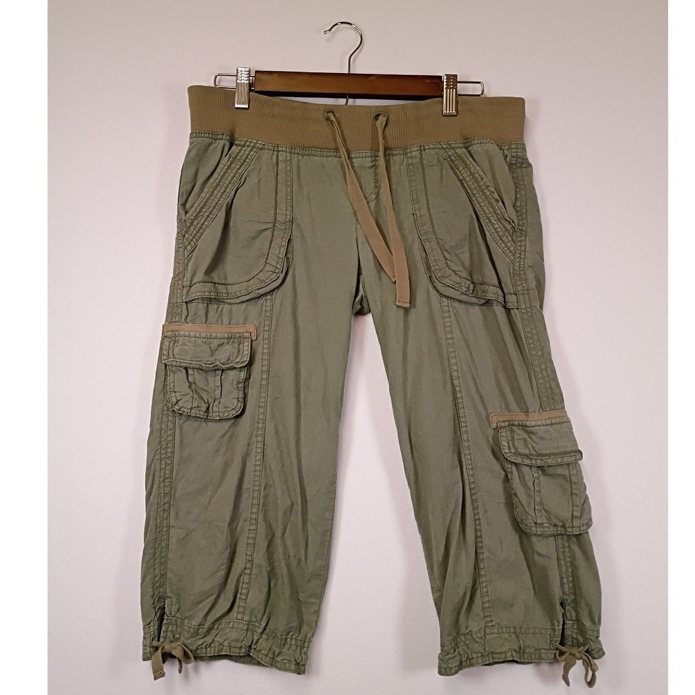 Gorpcore No Boundaries Juniors 7 Olive Green Linen Blend Cargo Capri Pants